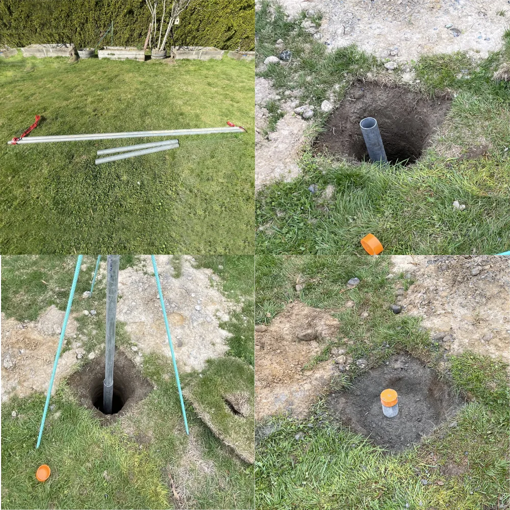 Installation process showing poles, inserts, rebar support, and concrete filling